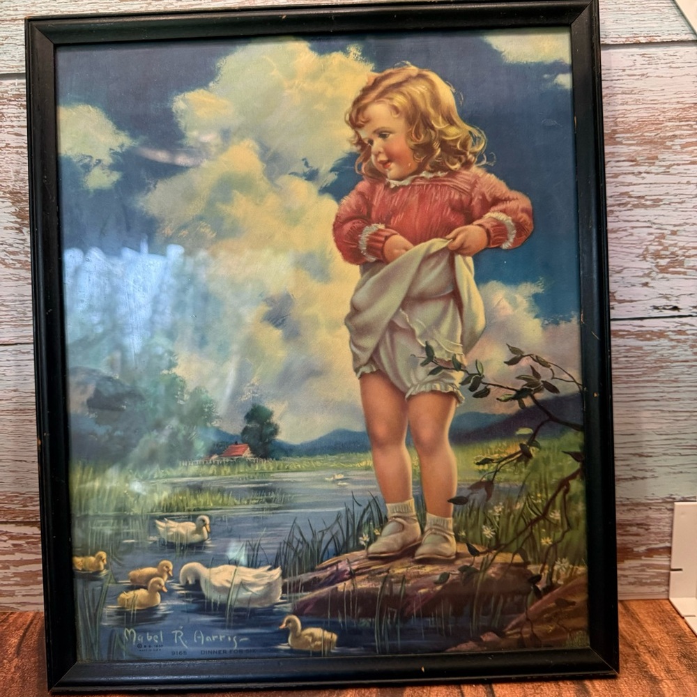 Vintage 1930s Mabel R Harris Framed Lithograph "Dinner For Six," Girl & 6 Ducks